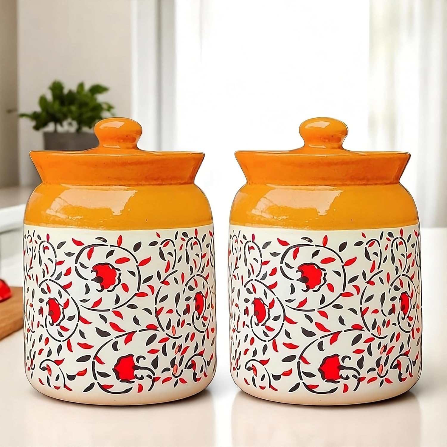 Floral Ceramic Handglazed Pickle Jars Set of 2 (1000 ML)